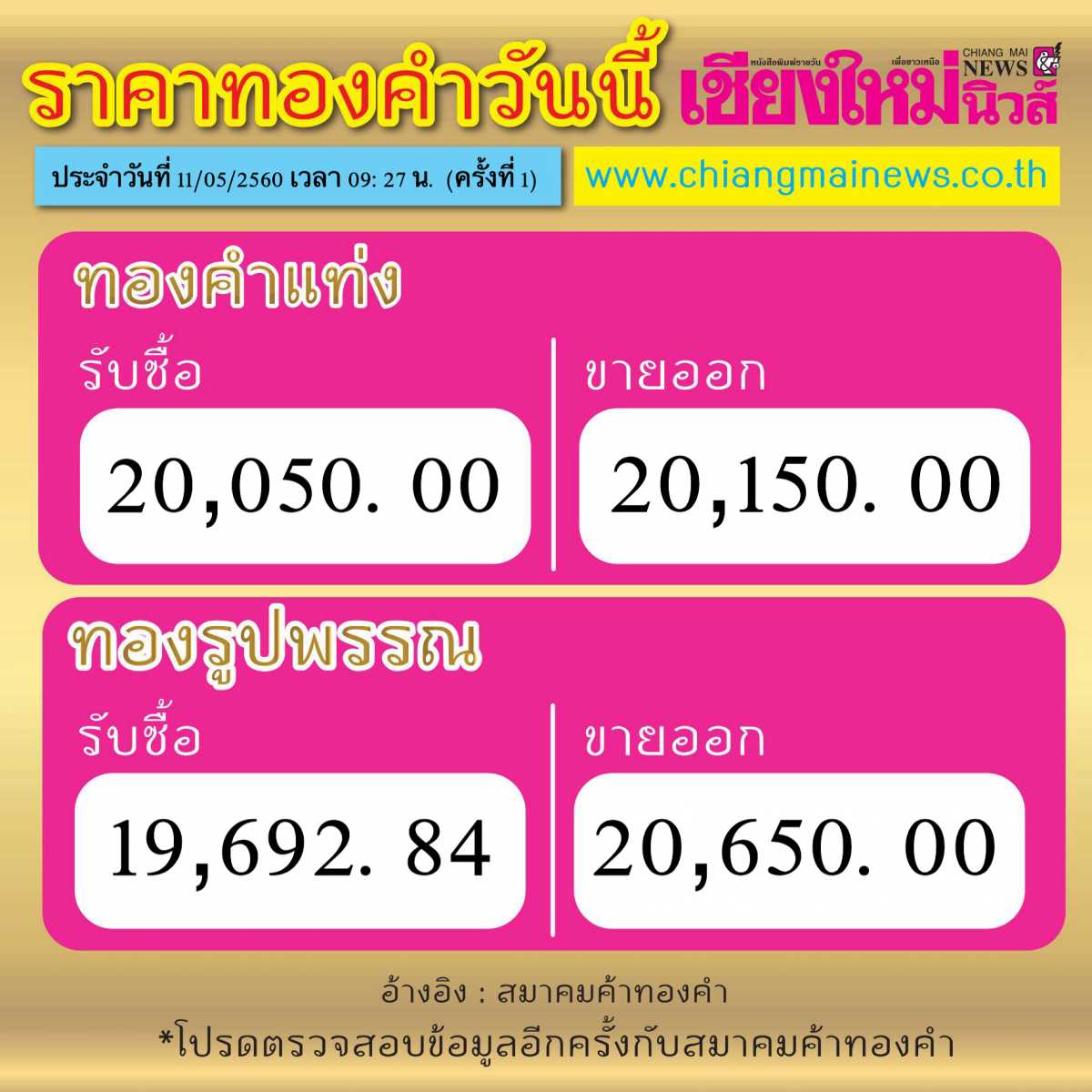 ราคาทอง ประจำวันที่ 11/05/2560 เวลา 09:27 น. (ครั้งที่ 1) - Chiang Mai News