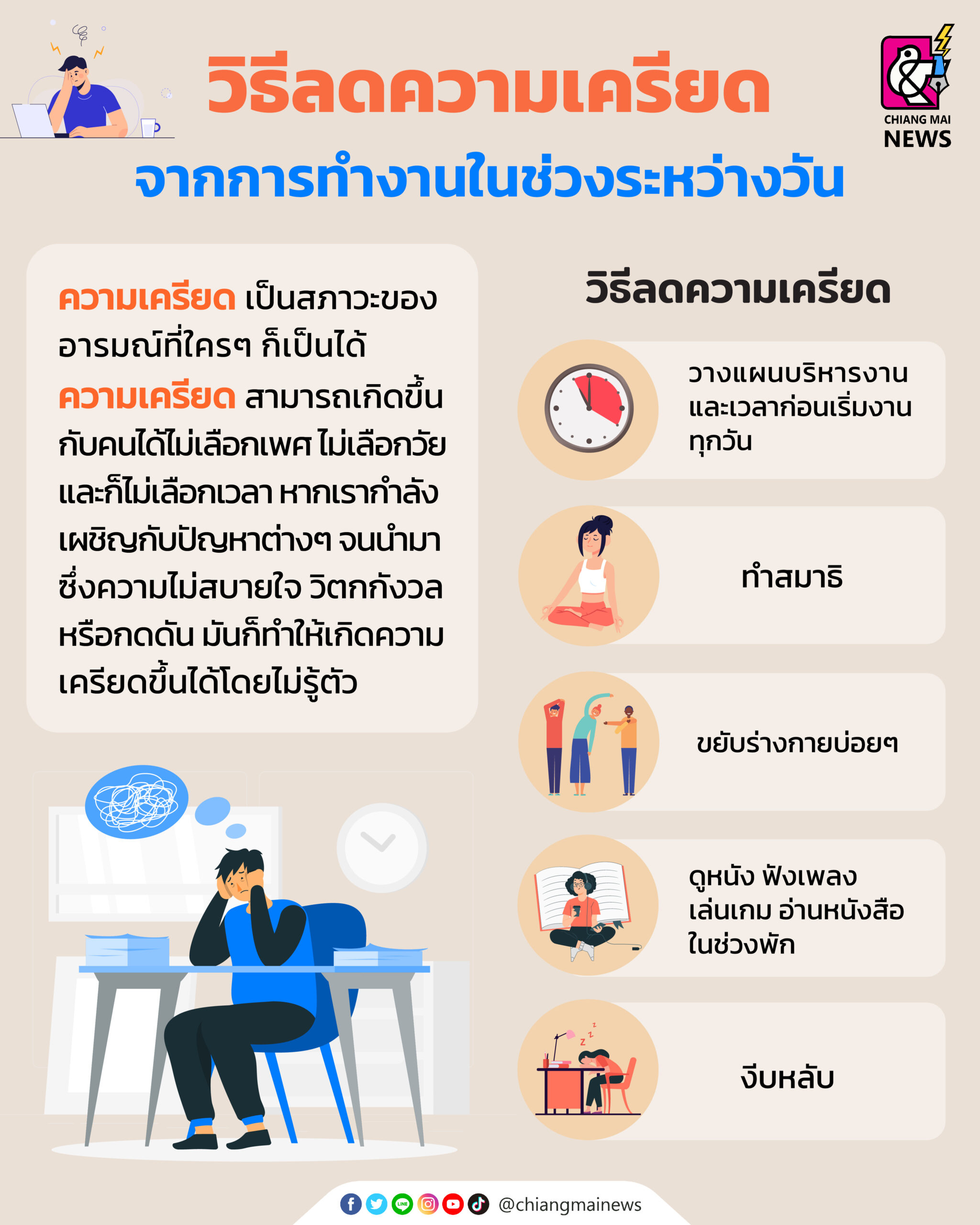 เคล็ดลับวิธีลดความเครียด จากการทำงานในช่วงระหว่างวัน - Chiang Mai News