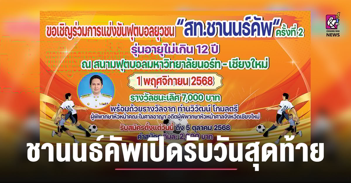 ฟุตบอล ชานนธ์คัพ ยู 12 ปี เปิดรับวันนี้ 5 ต.ค. วันสุดท้าย